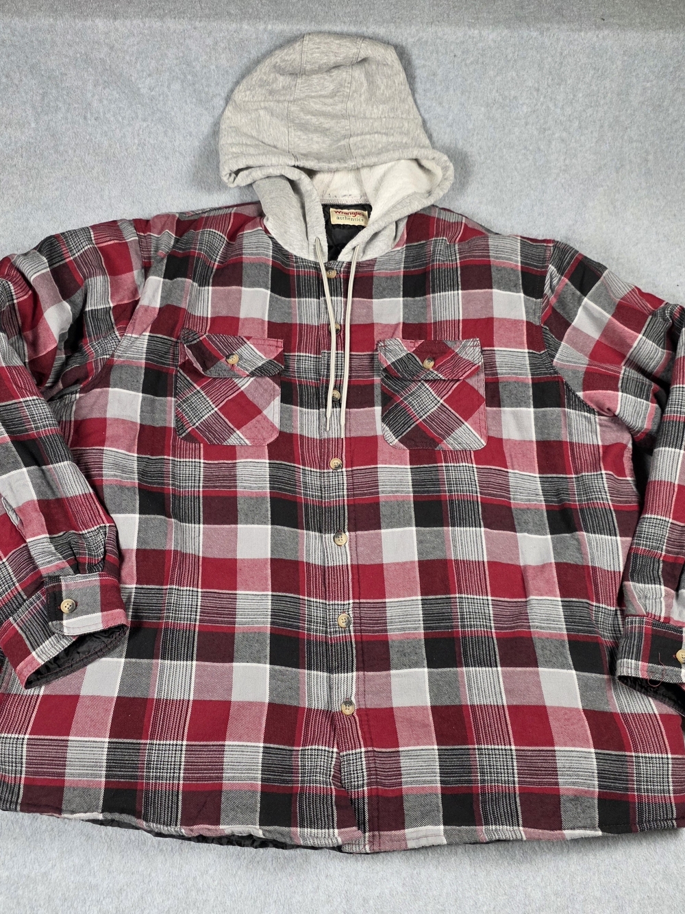 Wrangler Authentic Men's Hooded Flannel Shirt Jacket - Red/Gray Plaid XXL
